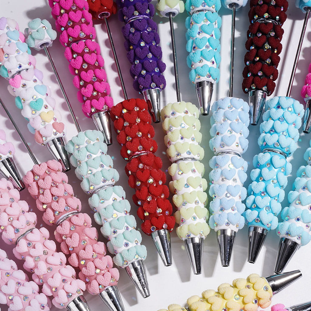 Beadable Clay Pens with Frosted Heart and AB Rhinestone, Multi-Color Random Mix