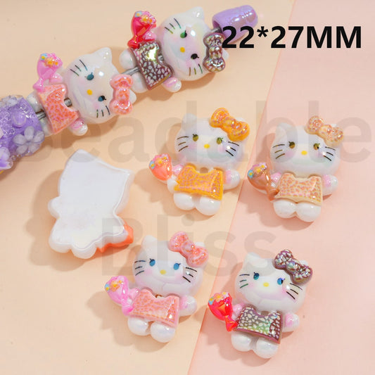 Acrylic Beads UV Coating Cute Hello Kitt Holds Flowers Multi-Color 22*27MM, Random Mix