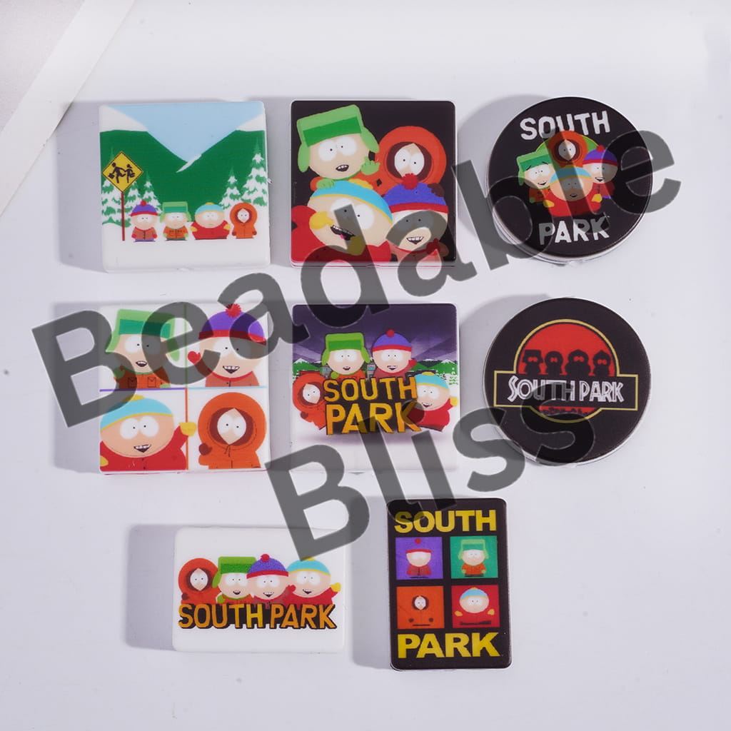 Collection of South Park-themed coasters and buttons on a white background with 'handsontosupply.com' branding.