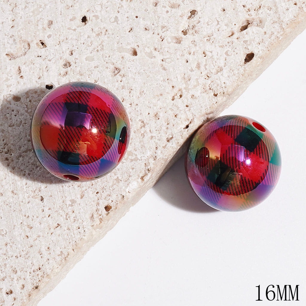 Christmas Red Green and Black Plaid Printed Acrylic Beads for DIY Bracelets and Necklets, UV Coating Process, 16MM