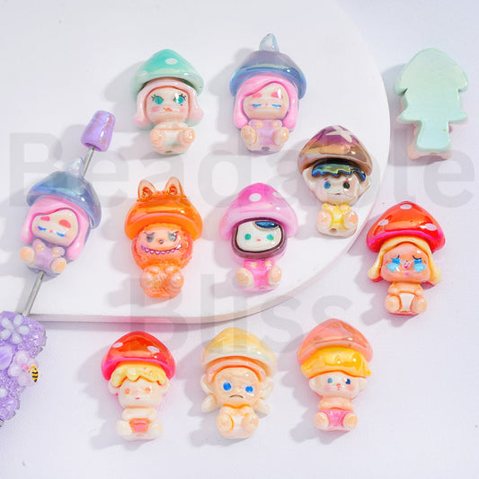 Acrylic Beads  UV Coating Cute Pop Mar Figures with Mushroom Head Around 32*22MM, Random Mix