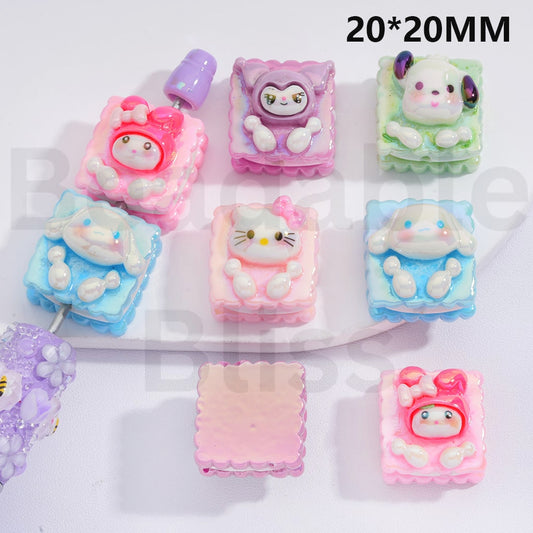 Acrylic Beads UV Coating Cute Sanri Series Sandwich Biscuit Hello Kitt Pochacc My Melod Cinnamonrol Kurom Around 20*20MM, Random Mix