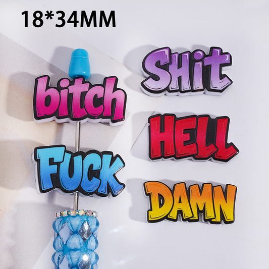 Acrylic Beads Humor Text in Graffiti Style, 18*34MM, Random Mix