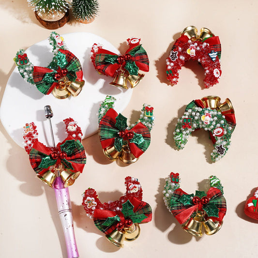 Crescent Moon Sugar Beads w Christmas Trim Rhinestones White Pearls, Ribbon Bow & Gold Bells, Red & Green (Please Read Description)