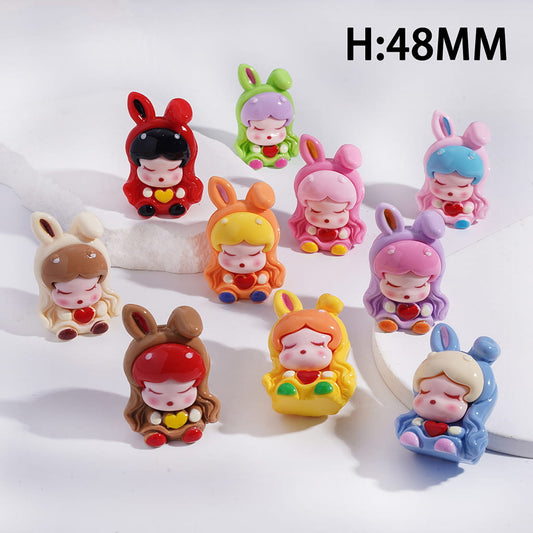 Acrylic Figurine Sleeping Girl with Rabbit Headwear and Red Heart, Height 48MM, No Hole, Random Mix