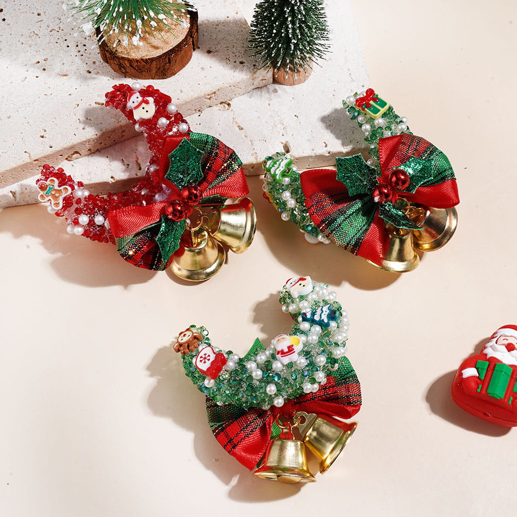 Crescent Moon Sugar Beads w Christmas Trim Rhinestones White Pearls, Ribbon Bow & Gold Bells, Red & Green (Please Read Description)