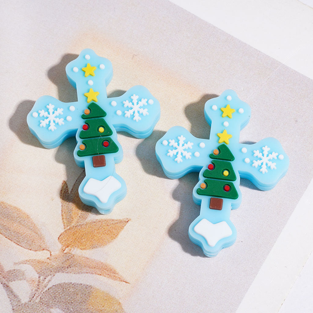Silicone Focal Beads Cross with Christmas Tree Snowflakes Stars, 27*33MM Assorted Colors