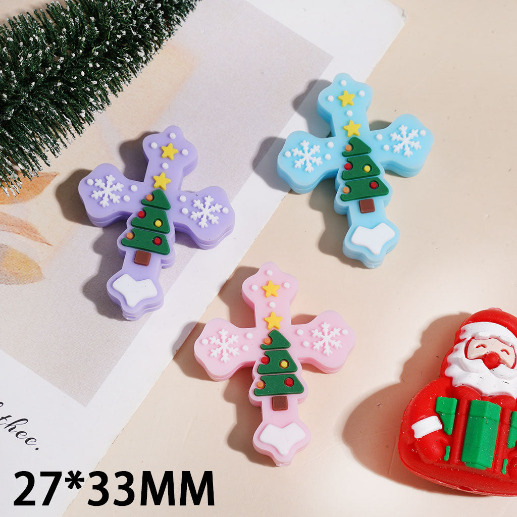 Silicone Focal Beads Cross with Christmas Tree Snowflakes Stars, 27*33MM Assorted Colors