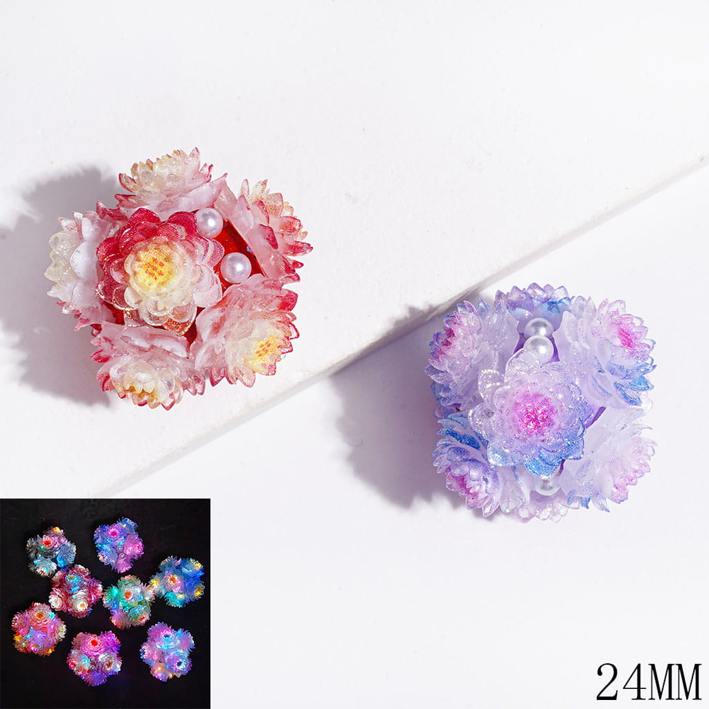 White Pearls and Double Colors Clear Lotus Flower with Glitter Luminous Clay Beads, 24MM, Multi-Color, Random Mix
