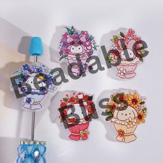 Acrylic Beads Flower Bouquet with Adorable Character Series, Translucent, Random Mix