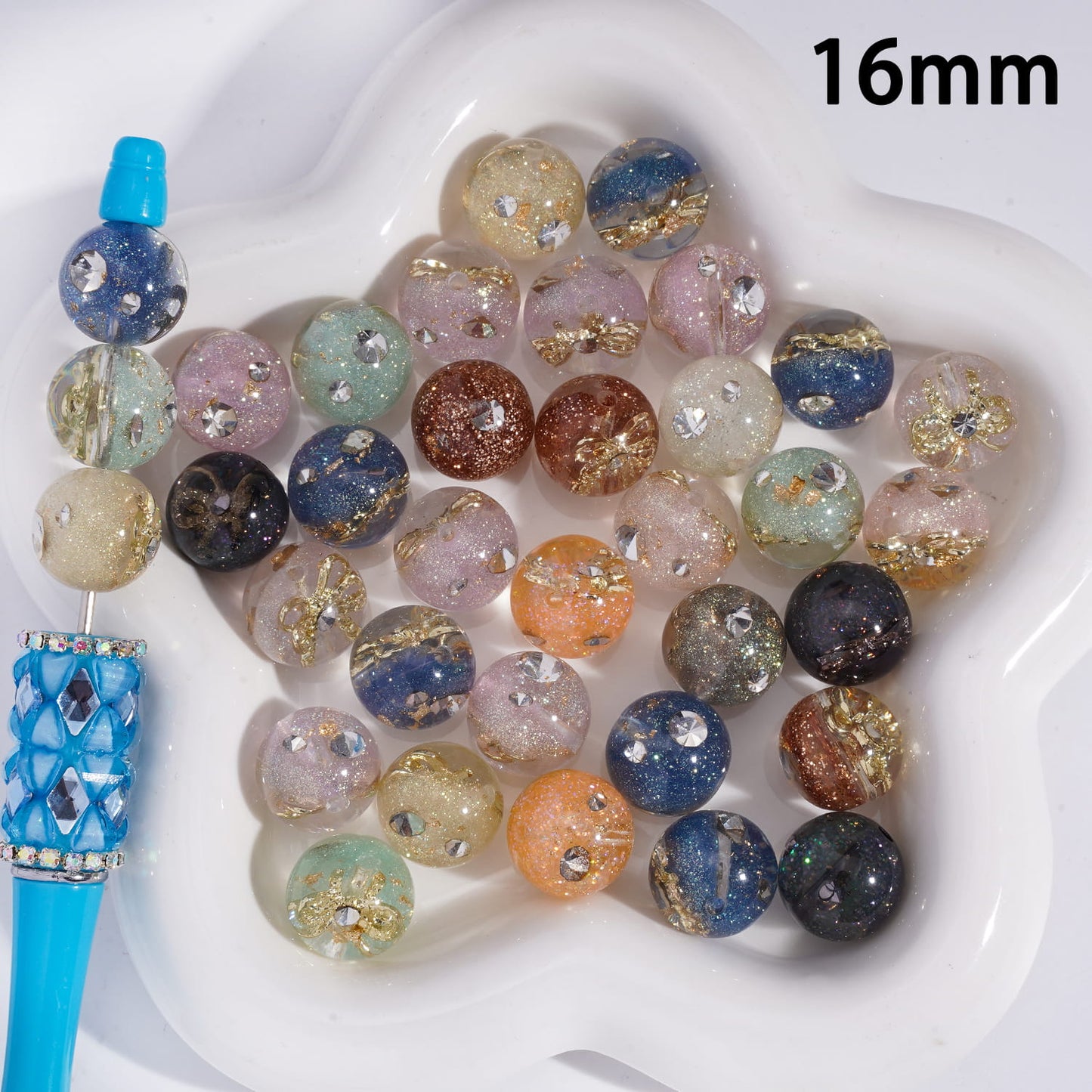 Acrylic Beads Gold Alloy Bowknot Butterfly Clear Rhinestones Colorful Glitter Inside, 16MM, Random Mix