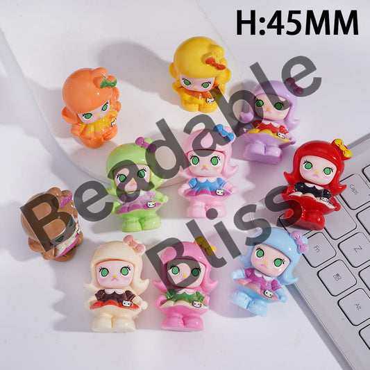 Acrylic Figurine for Pen Topper or Beads, Short-Haired Girl with Green Eyes Wearing Dress, Height 45MM, Random Mix
