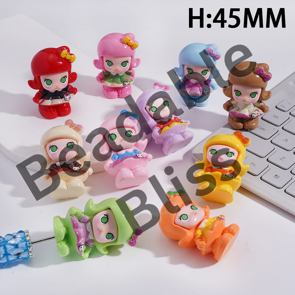 Acrylic Figurine for Pen Topper or Beads, Short-Haired Girl with Green Eyes Wearing Dress, Height 45MM, Random Mix