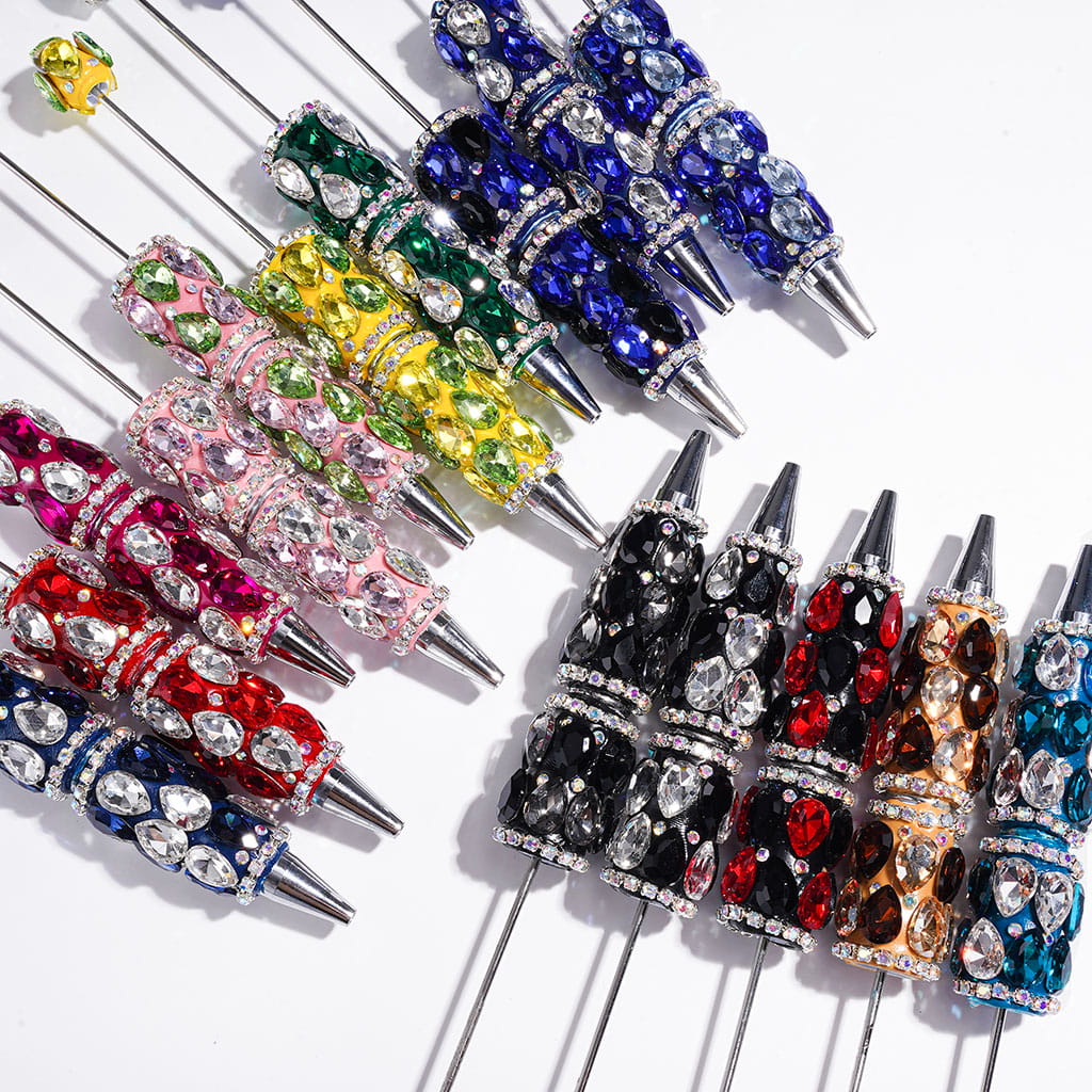 Sparkling Double Color Water Drop Shaped Crystals & AB Rhinestones Beadable Clay Pens, Multi-Color, Random Mix