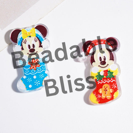 Acrylic Beads Christmas Stocking with Classic Animation Animal Character, Mouse Duck Dog Chipmunk, Multi-Color, Random Mix