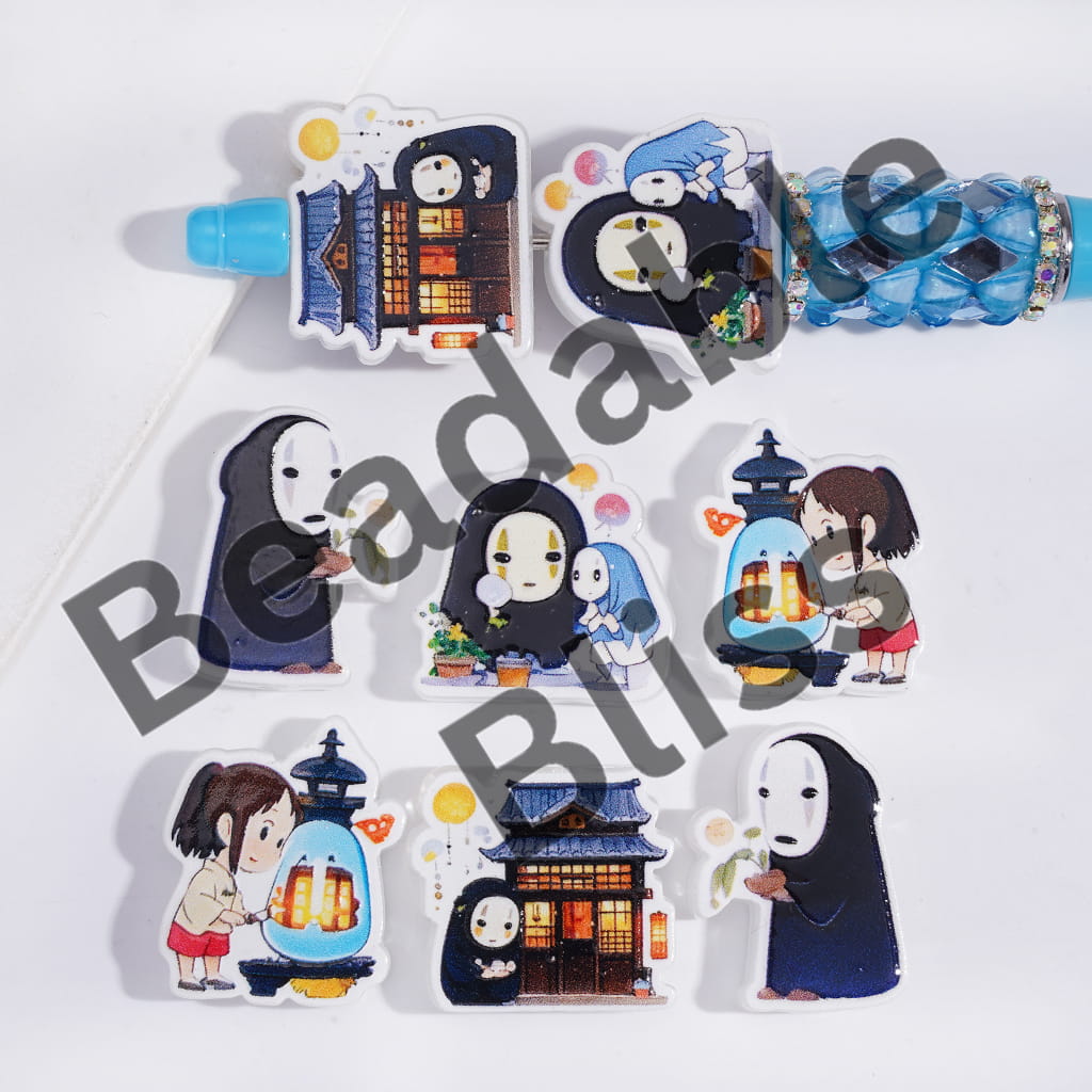Acrylic Beads Hidden Girl and No-Face Ghost Character Series, Translucent, Random Mix