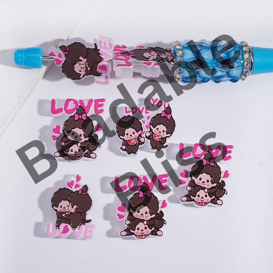 Acrylic Beads Cute Baby Monkey Doll Prints Love Series, Translucent, Random Mix