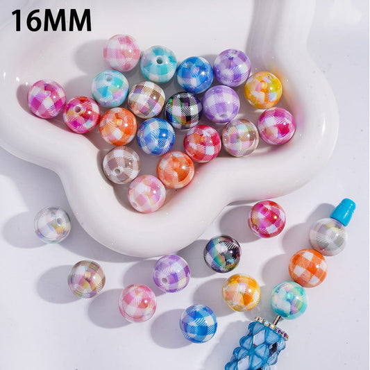 Acrylic Beads for Bracelets with Checkered Patterns, 16MM, Multi-Color, Random Mix