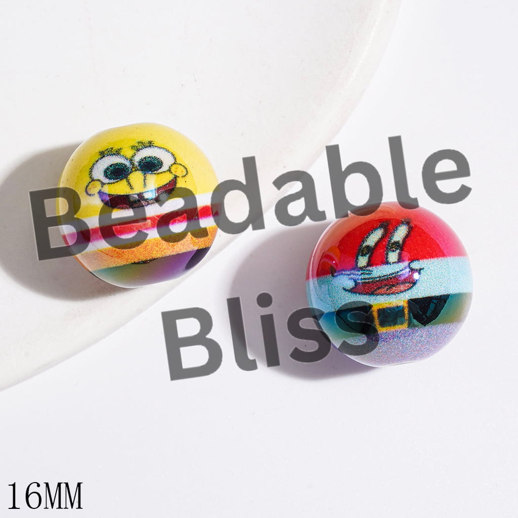 UV Finish Yellow Sponge Character Print Series Acrylic Beads for Bracelets, 16MM, Random Mix