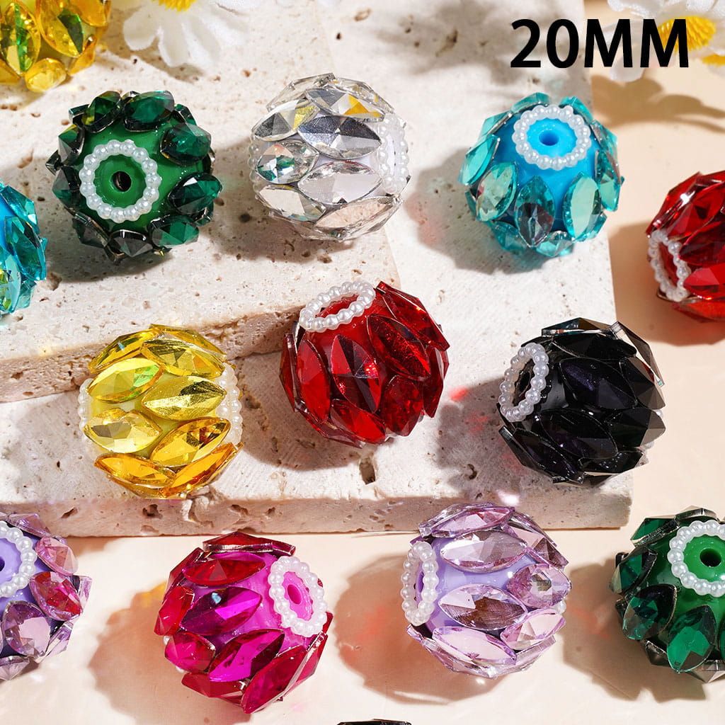 Handcrafted Acrylic Beads w Dazzling Marquise Cut Rhinestones, White Pearl Chains, Around 20MM