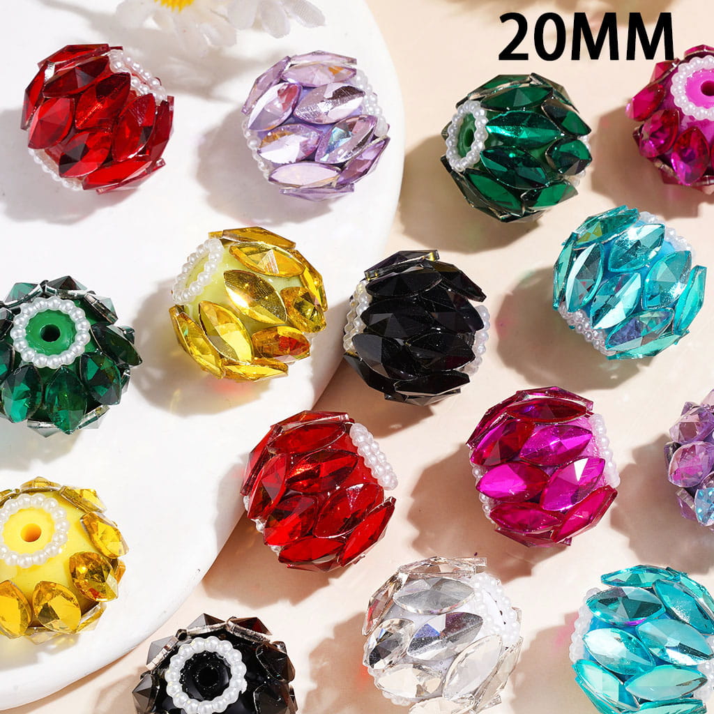 Handcrafted Acrylic Beads w Dazzling Marquise Cut Rhinestones, White Pearl Chains, Around 20MM