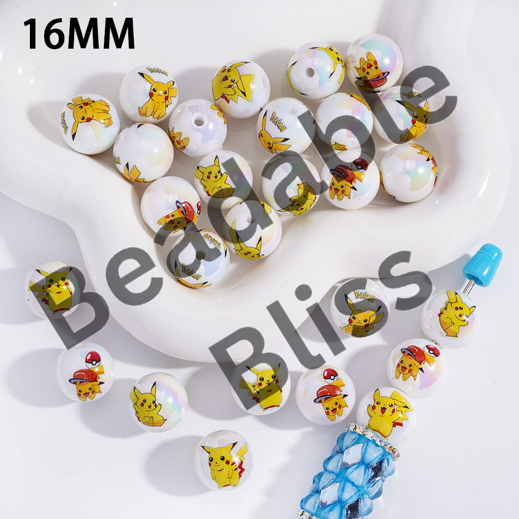 Acrylic Beads for Bracelets UV Coating with Yellow Monster Electric Character Prints, 16MM, Random Mix