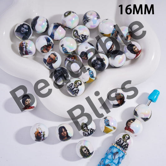 Acrylic Beads for Bracelets UV Coating with Green Haired Bio-Exorcist Character Series Prints, 16MM, Random Mix