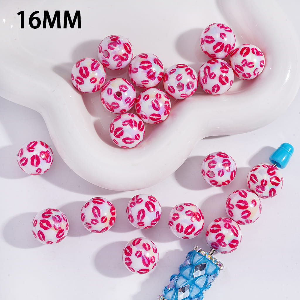 Acrylic Beads for Bracelets UV Coating with Rose Red Lip Prints, 16MM
