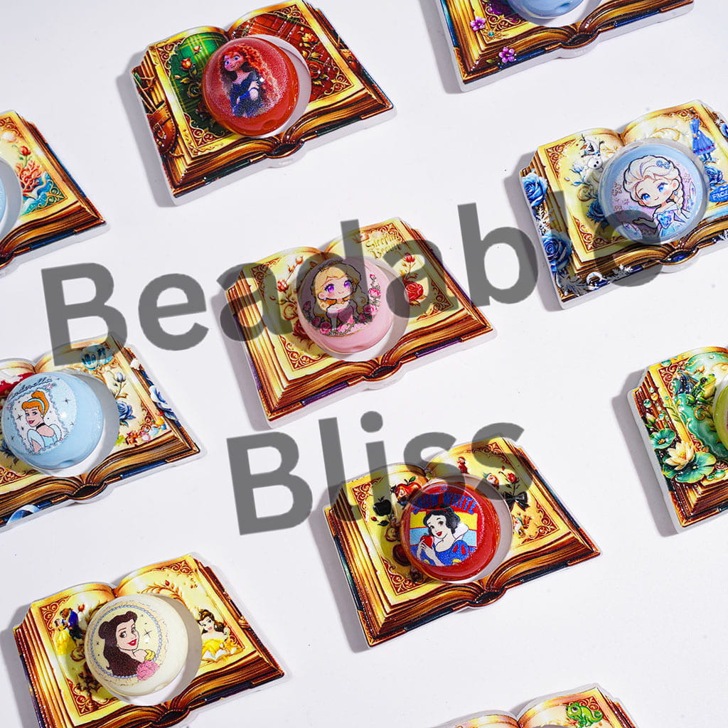 Hollowed Magic Book and Round Beads Acrylic Beads with Princess Prints, Random Mix (Please Read Description)