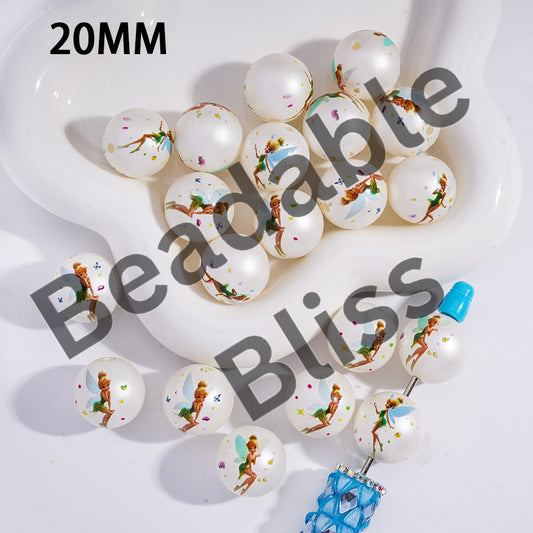 Acrylic Beads for Bracelets with Flying Fairy Character Prints, 20MM, Pearl White, Random Mix