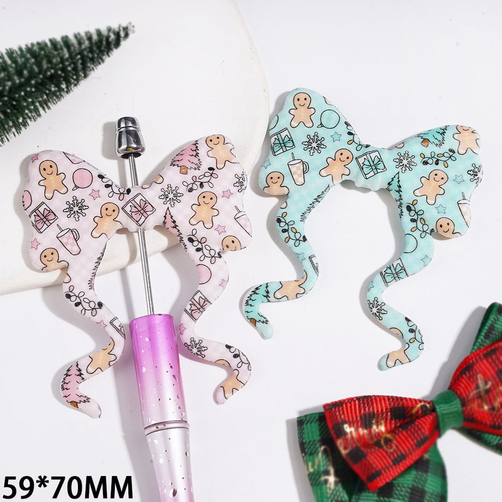 Silicone Focal Beads Bowtie Bowknot with Long Ribbon, Christmas Theme with Gingerbread Man Snowflake Gift Box Tree Cup, 59*70MM Pink and Teal
