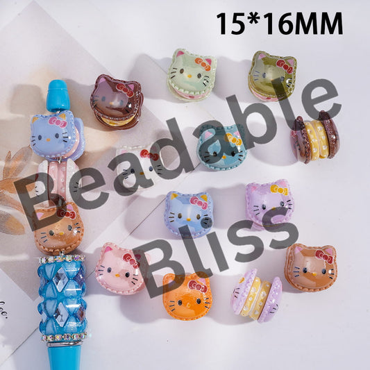 Acrylic Beads Macaron Sandwich Biscuit with Cute Cat Character Pattern, 15*16MM, Random Mix