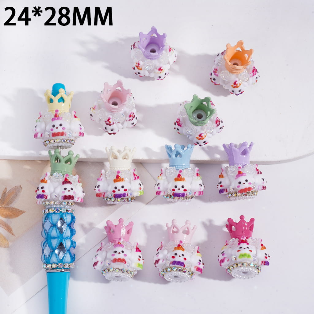 Acrylic Beads with UV Coating Rose Flower Crown Party Dog, with White Pearl & AB Rhinestone Chains, 24*28MM, Random Mix