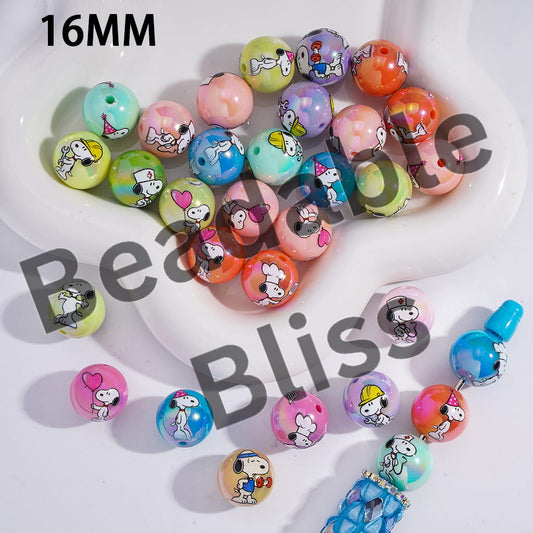 Acrylic Beads for Bracelets UV Coating with Beagle Dog Prints, 16MM, Multi-Color, Random Mix