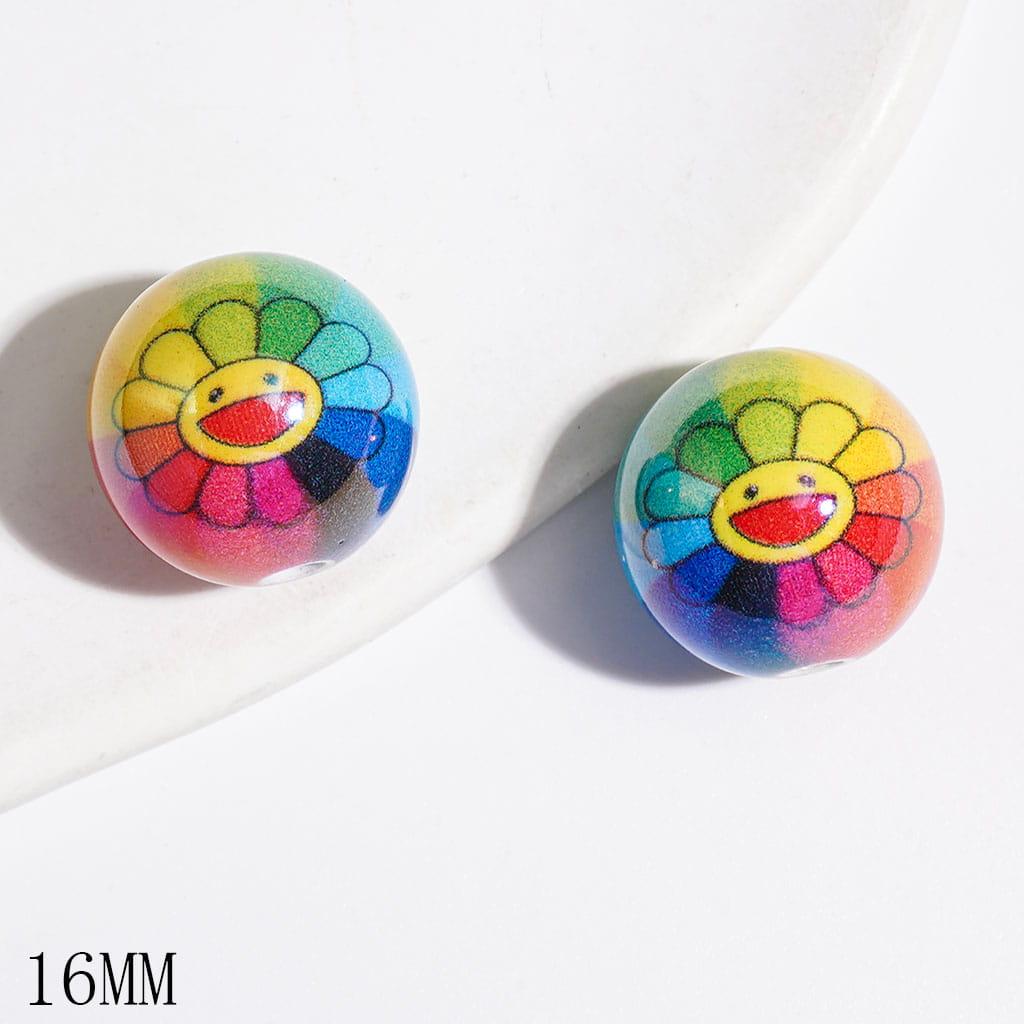 Rainbow Acrylic Beads for Bracelets with Smiling Sun Flower, UV Finish, 16MM