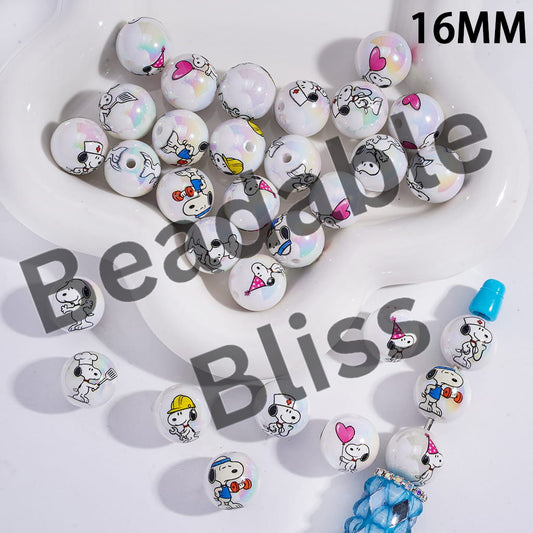 Acrylic Beads for Bracelets UV Coating with Beagle Dog Prints on White Background, 16MM, Random Mix