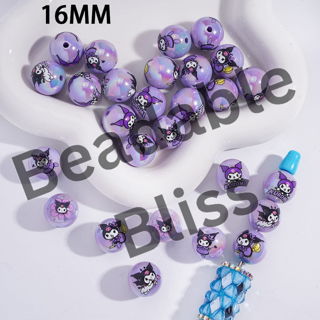Acrylic Beads for Bracelets UV Coating with Purple Evil Girl Character Prints, 16MM, Random Mix
