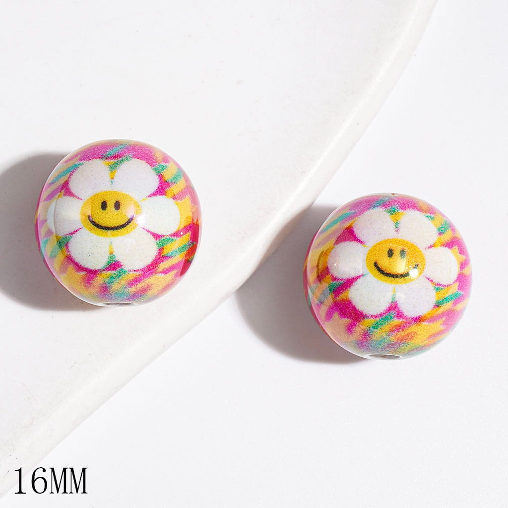 Smiling Daisy Flower UV Finish Acrylic Beads for DIY Bracelets and Necklets, Colored Confetti Stripes Print Background, 16MM