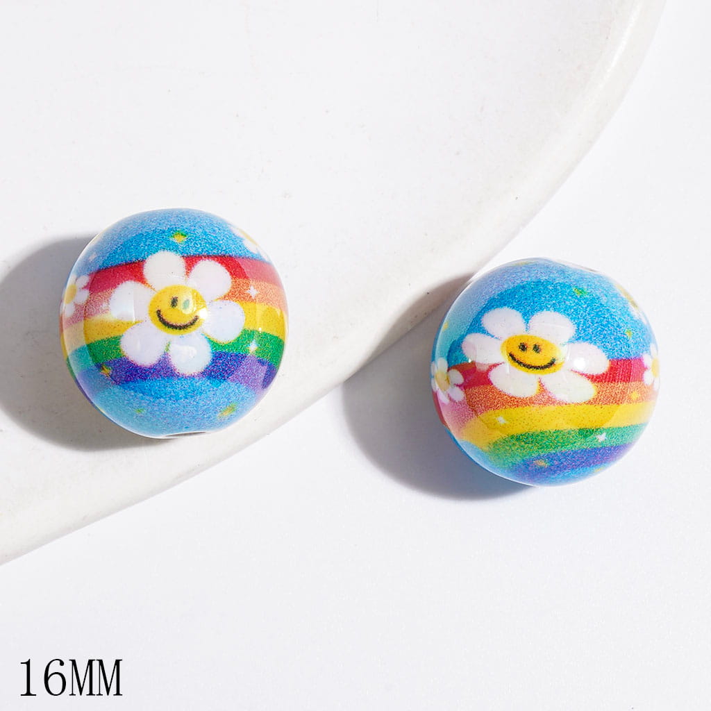 Blue Acrylic Beads for DIY Bracelets and Necklets, with Smiling Daisy Flower and Rainbow Print, 16MM, UV Coating Process
