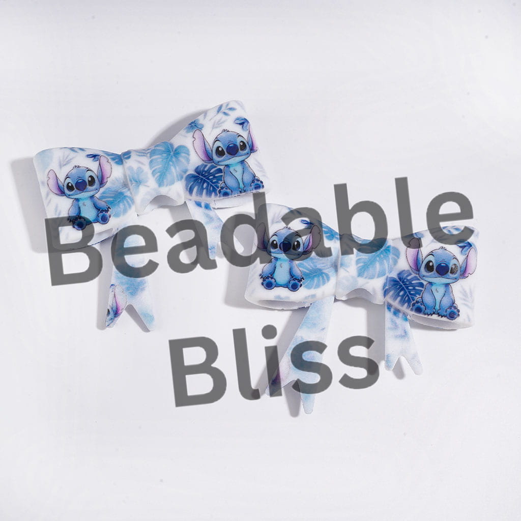 UV-Printed Soft Bowtie with Cute Monster Character and Blue Leaf Printed Silicone Focal Beads, 52*59MM