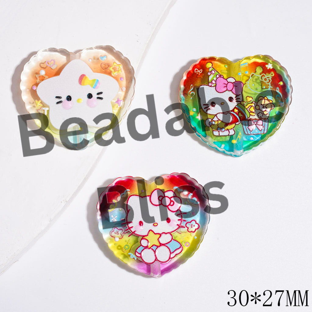 Clear Rainbow Style Acrylic Beads with Cute Cat Character and Star Patterns, 30*27MM, Flat Heart Shape, Random Mix