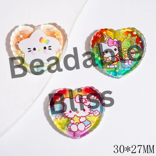 Clear Rainbow Style Acrylic Beads with Cute Cat Character and Star Patterns, 30*27MM, Flat Heart Shape, Random Mix
