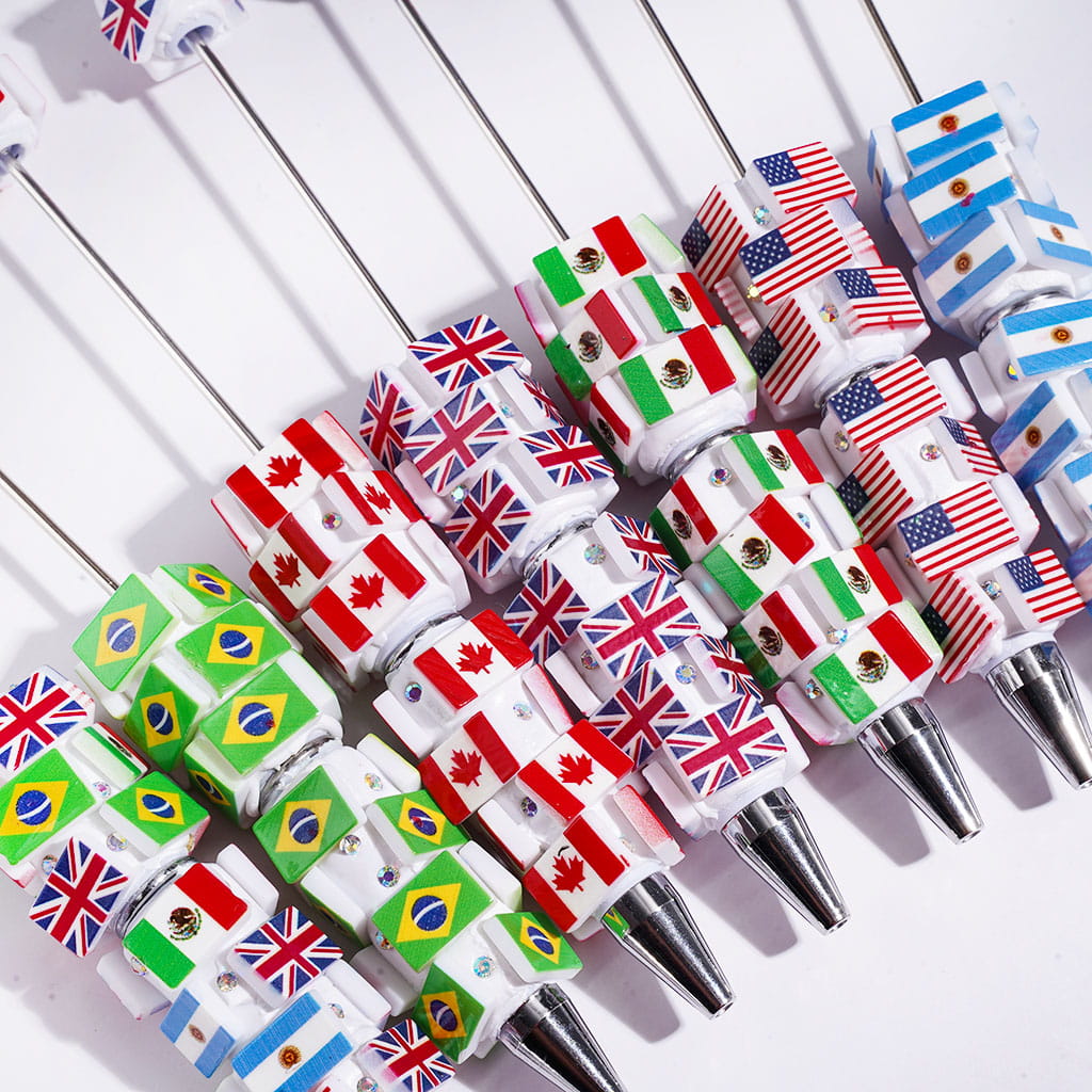 Beadable Clay Pens with Various Countries Flag and AB Rhinestones