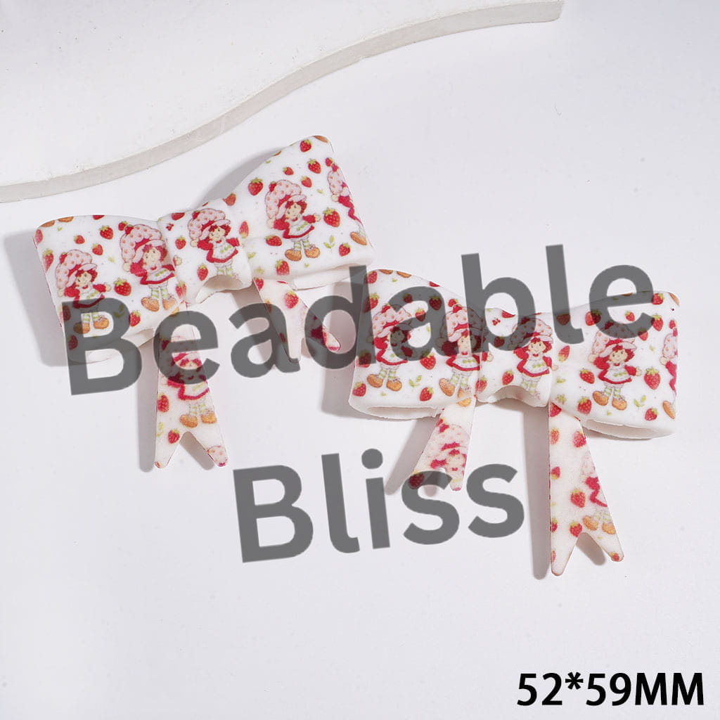 UV-Printed Soft Bowtie with Strawberry and Girl Portrait Printed Silicone Focal Beads, 52*59MM