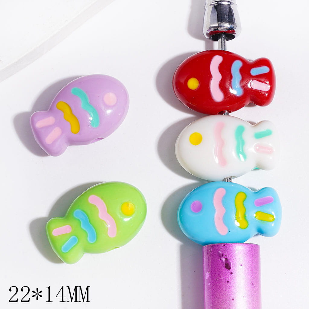 Acrylic Beads Fish with Line Stripes, 22*14MM, Multi-Color, Random Mix