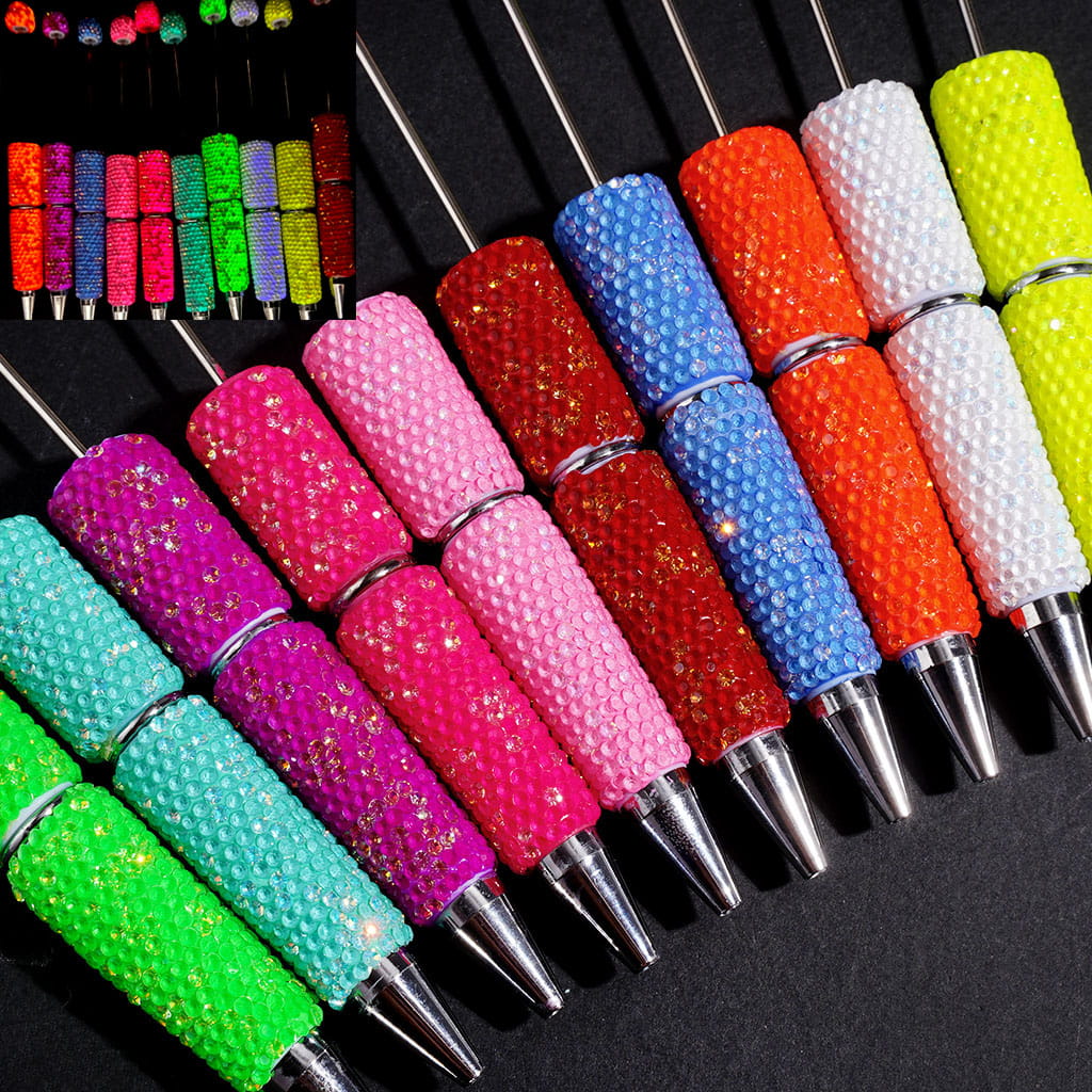 Beadable Clay Pens Luminous with Bling Bling Rhinestones Covering the Entire Pen, Fluorescence Color