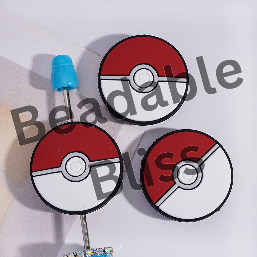 Silicone Focal Beads Small Monster Elf Ball Series with Red White, Flat Round Shape