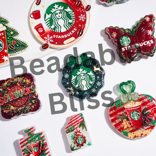 Red and Green Style Christmas Coffee Theme Acrylic Crackle Beads and Pendants, Random Mix