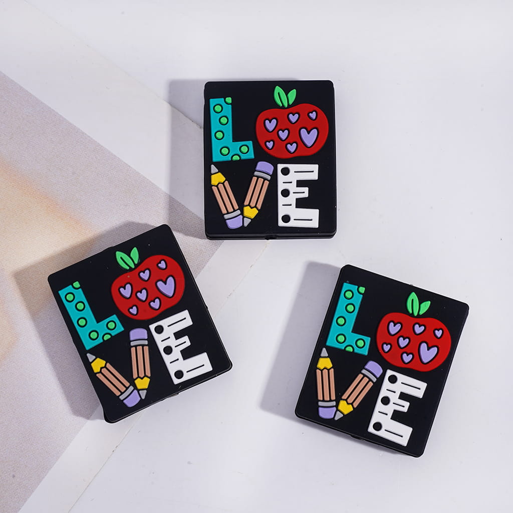 Silicone Focal Beads with Text "LOVE" Composed Apple Pen, Flat Square Shape