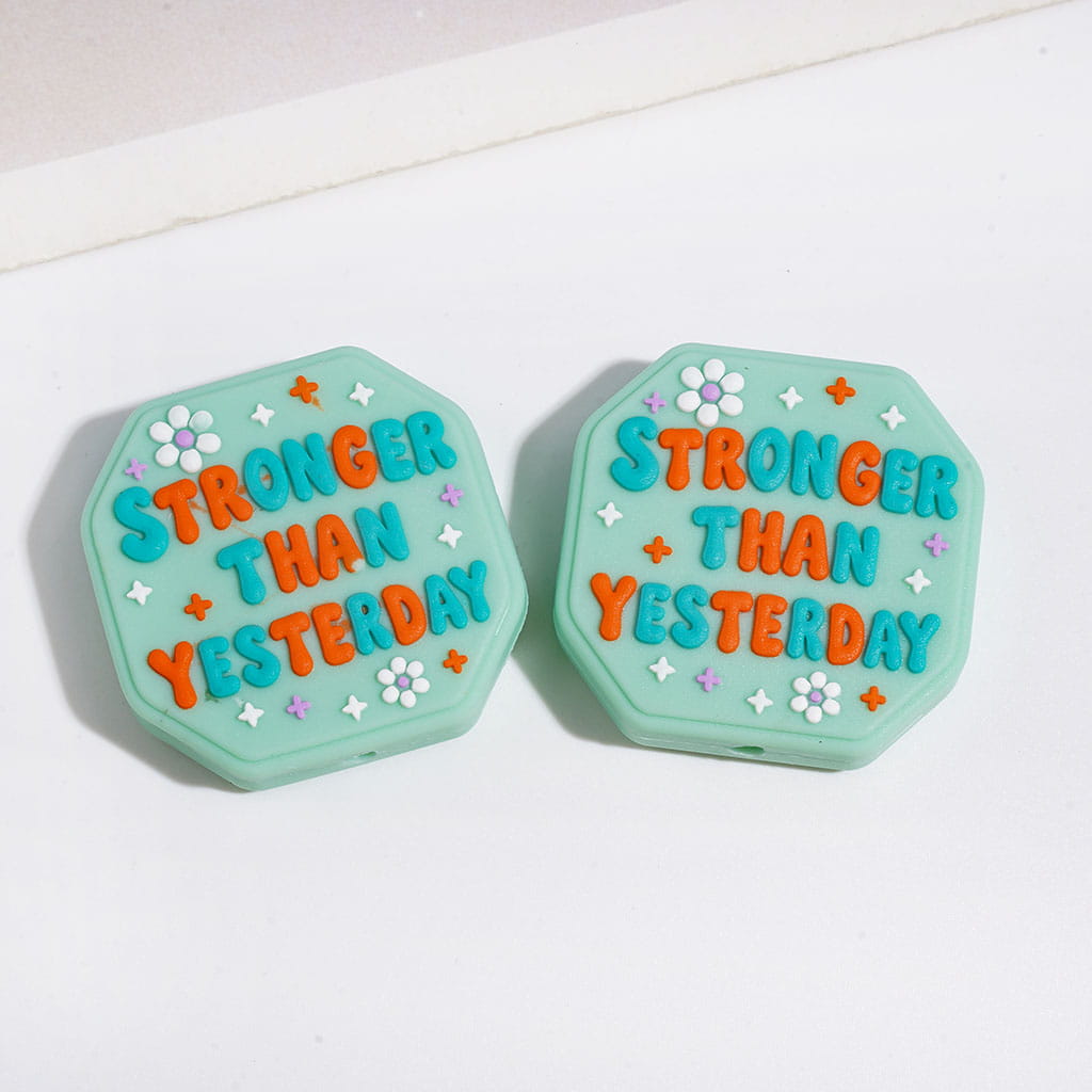 Silicone Focal Beads with Motivational Encourage Text and Flower, Flat Square & Rectangle & Star & Octagon Shape